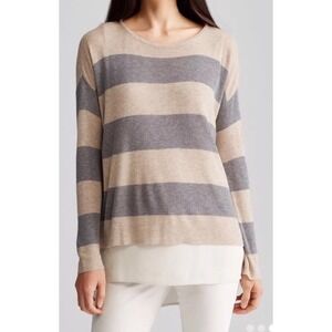 Eileen Fisher Tencel Merino Wool Striped Knit Sweater Tan Grey Medium